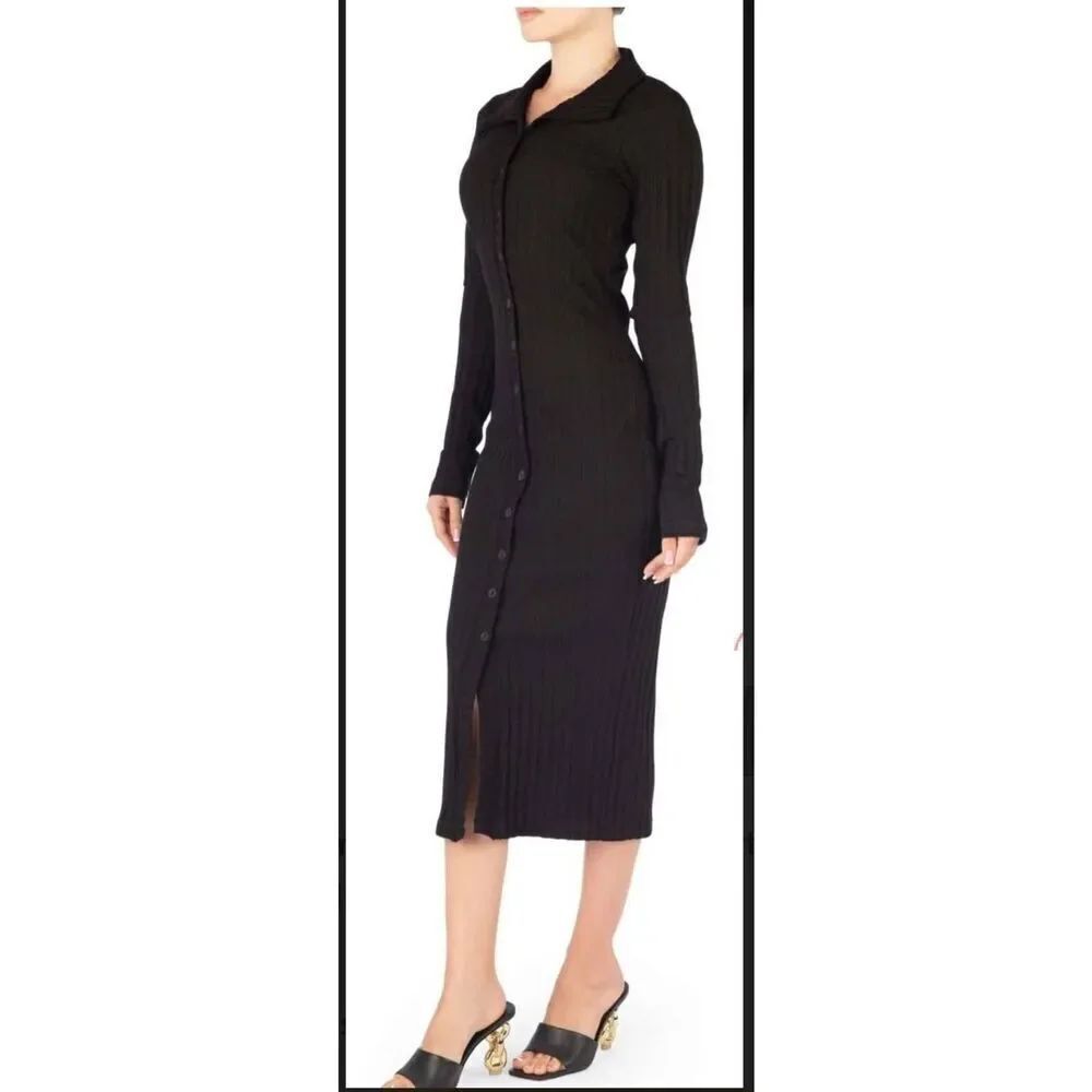 Good American Black Wide Rib Button Down Midi Dress, NWOT, Sz. 6